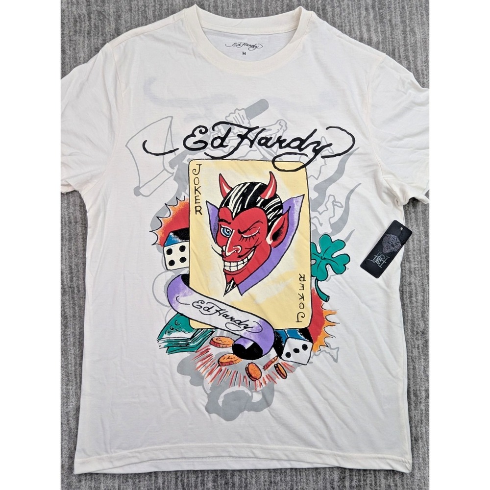 Ed Hardy Joker Red Devil Tattoo Poker Card Ivory T-Shirt Mens M EHMD1100-115